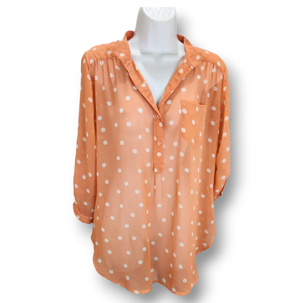 Xtaren Blouse Womens Medium Coral White Polka Dot Sheer Roll Tab Lightweight